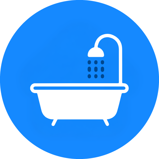 A white bathtub and shower head icon