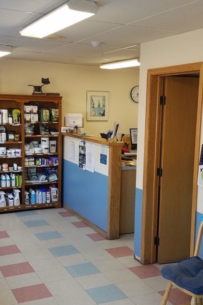 Reception area of Countryside Animal Hospital with pet food, supplements