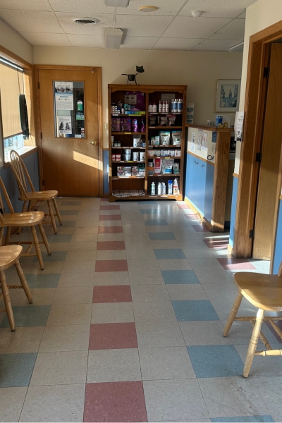 Reception area of Countryside Animal Hospital with pet food, supplements